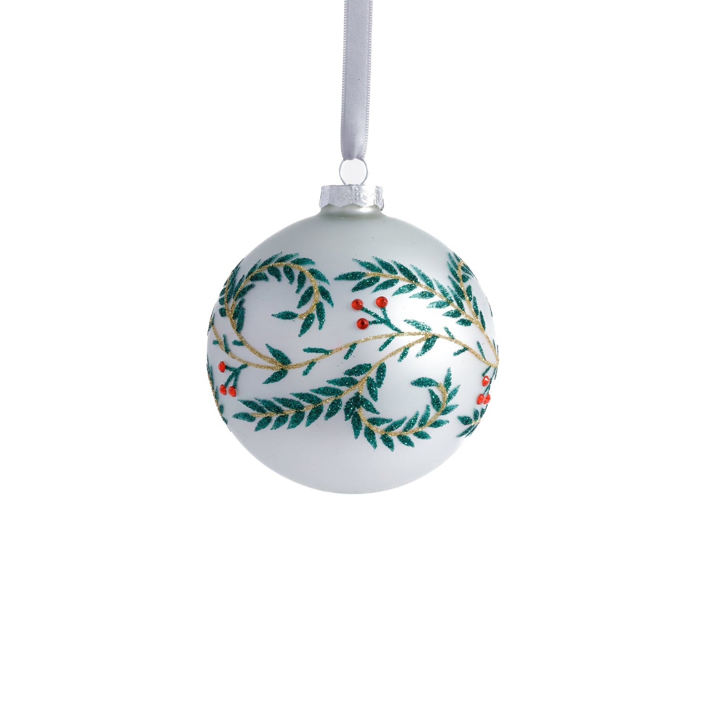Metallic White Glass Ball Ornament with Green Leaf Design