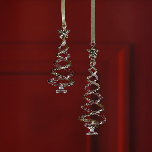 Set of 2 Clear Twisted Tree Design Ornaments w/ Gold Glitter