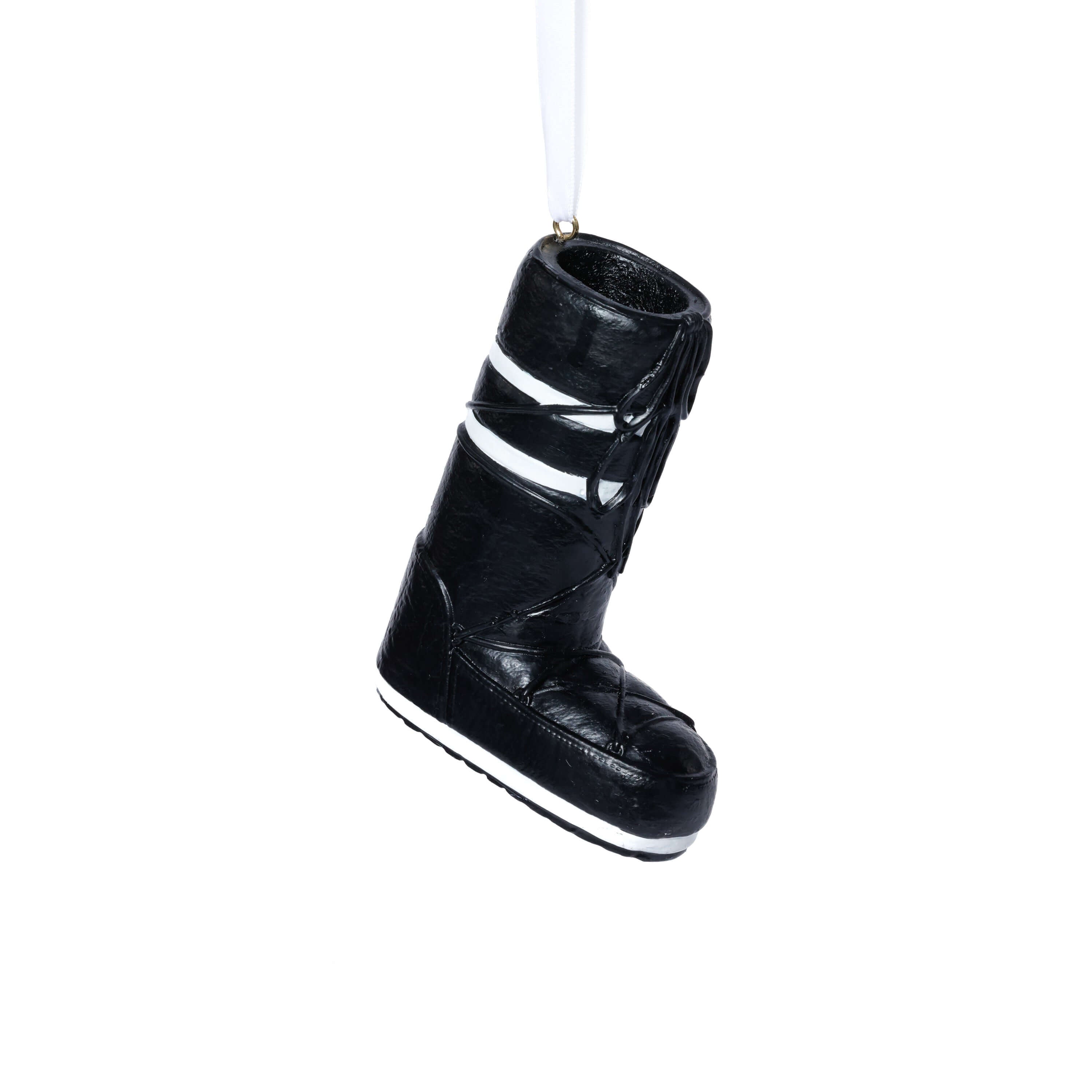Après Ski Boots, Set of 6 Assorted black ornament boot with white details, perfect for holiday decorating.