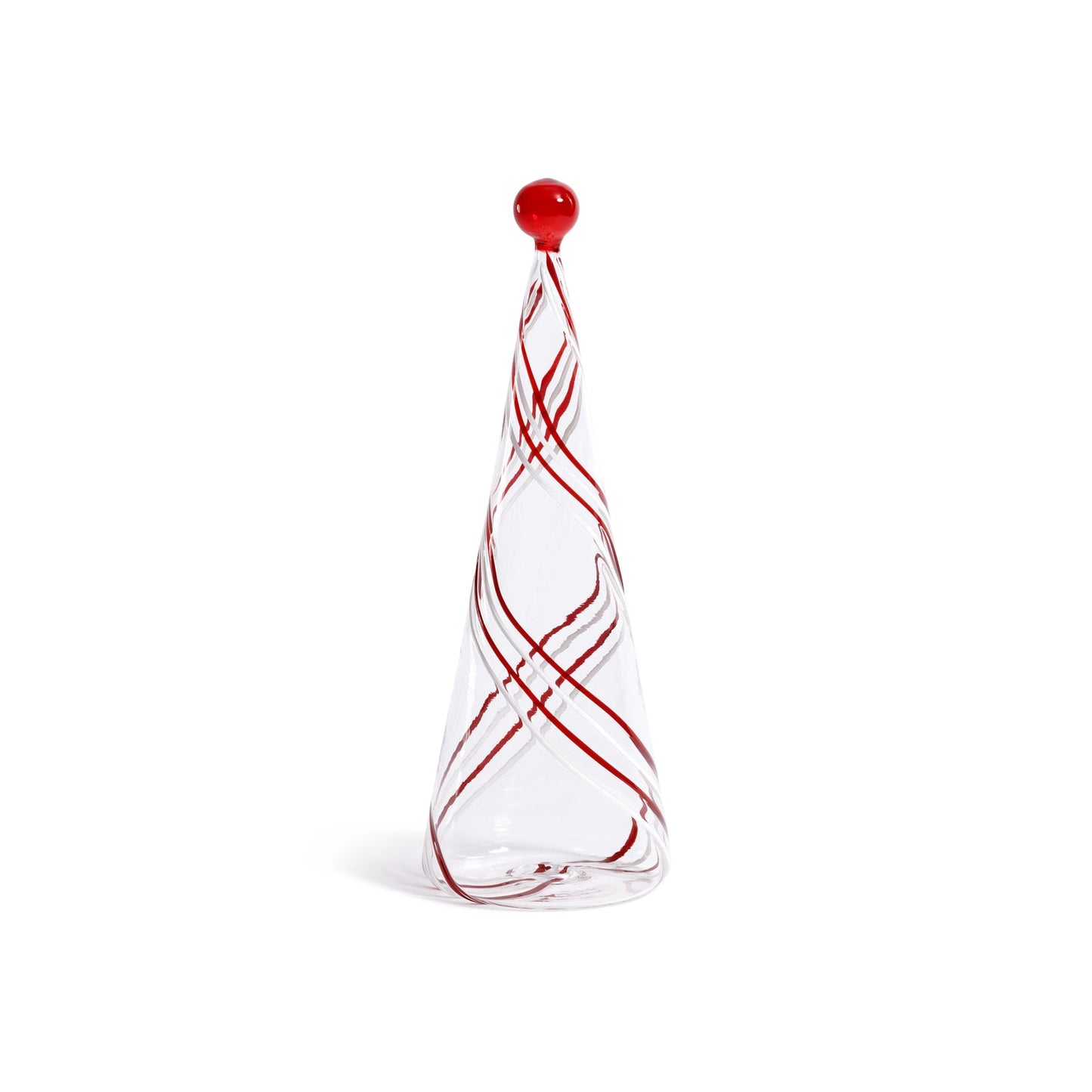 Clear glass cone with red swirls and a red ball on top against a white background