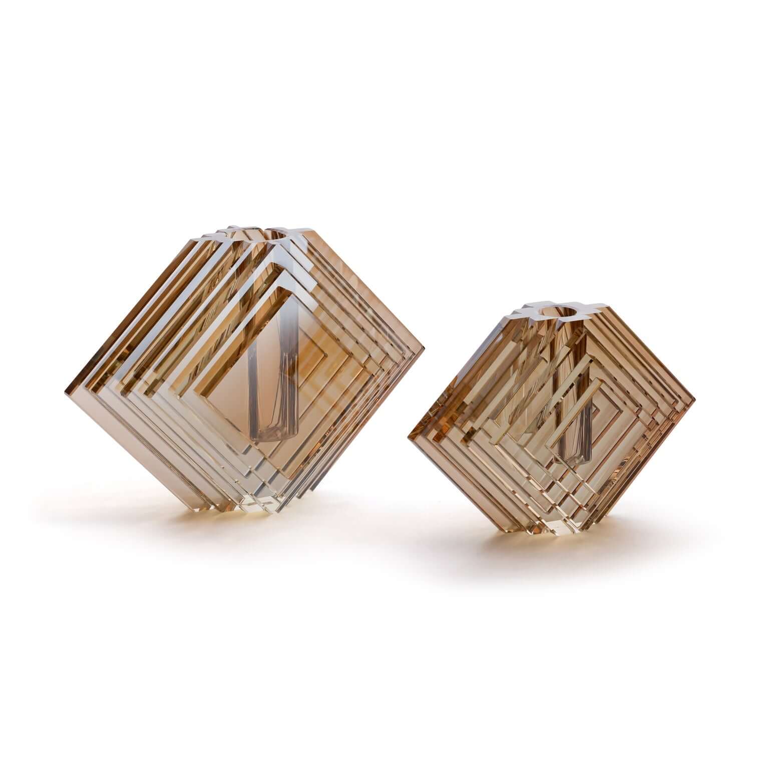 Stacked Concentric Diamond Motif Crystal Glass Vase - Amber - Vases by Carlyle Avenue