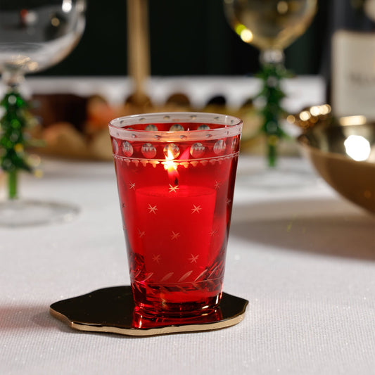 Hand Cut Glass / Tealight Holder - Red