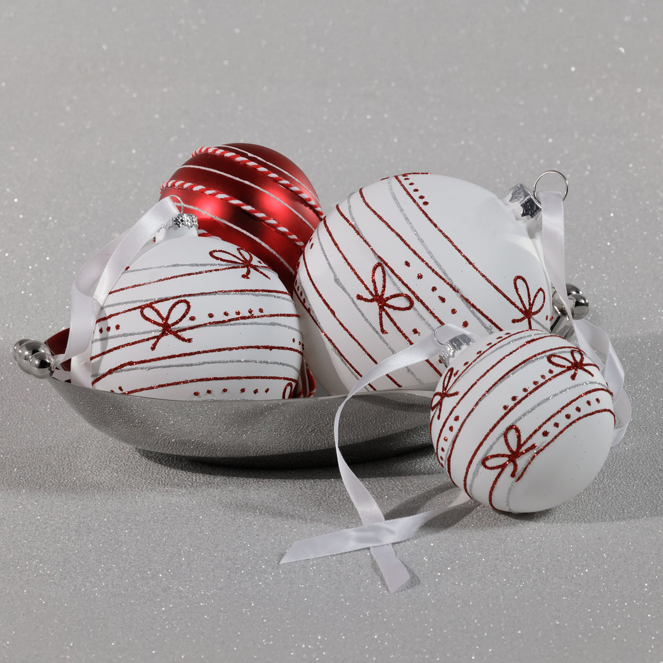 Matte Glass Ornament - White w/ Red Ribbon Design