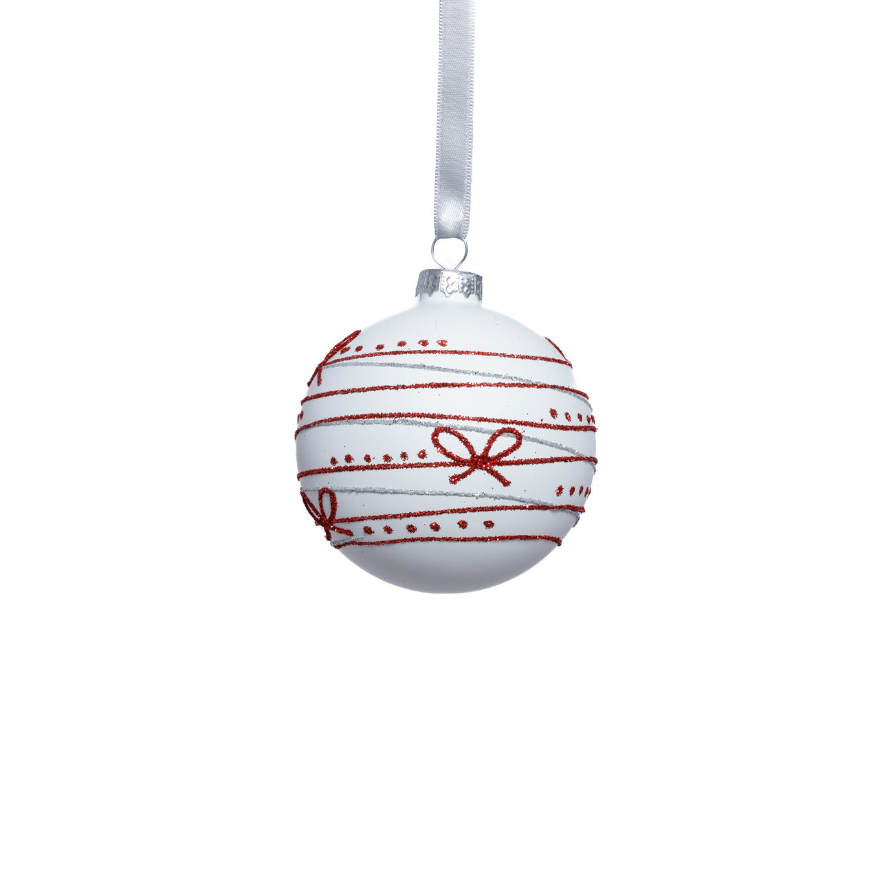 Matte Glass Ornament - White w/ Red Ribbon Design