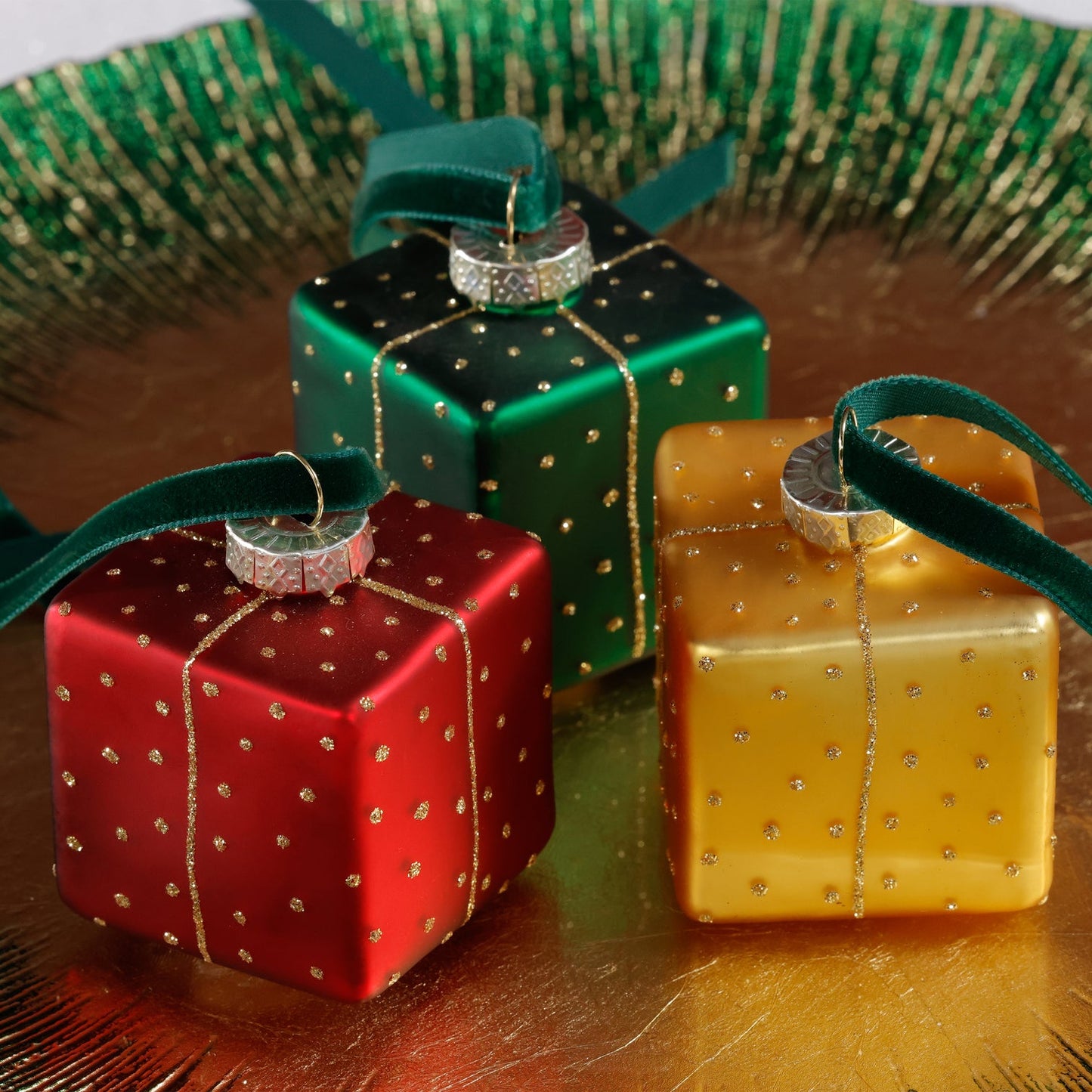 Glass Gift Box Ornament - Set of 6 Assorted - CARLYLE AVENUE