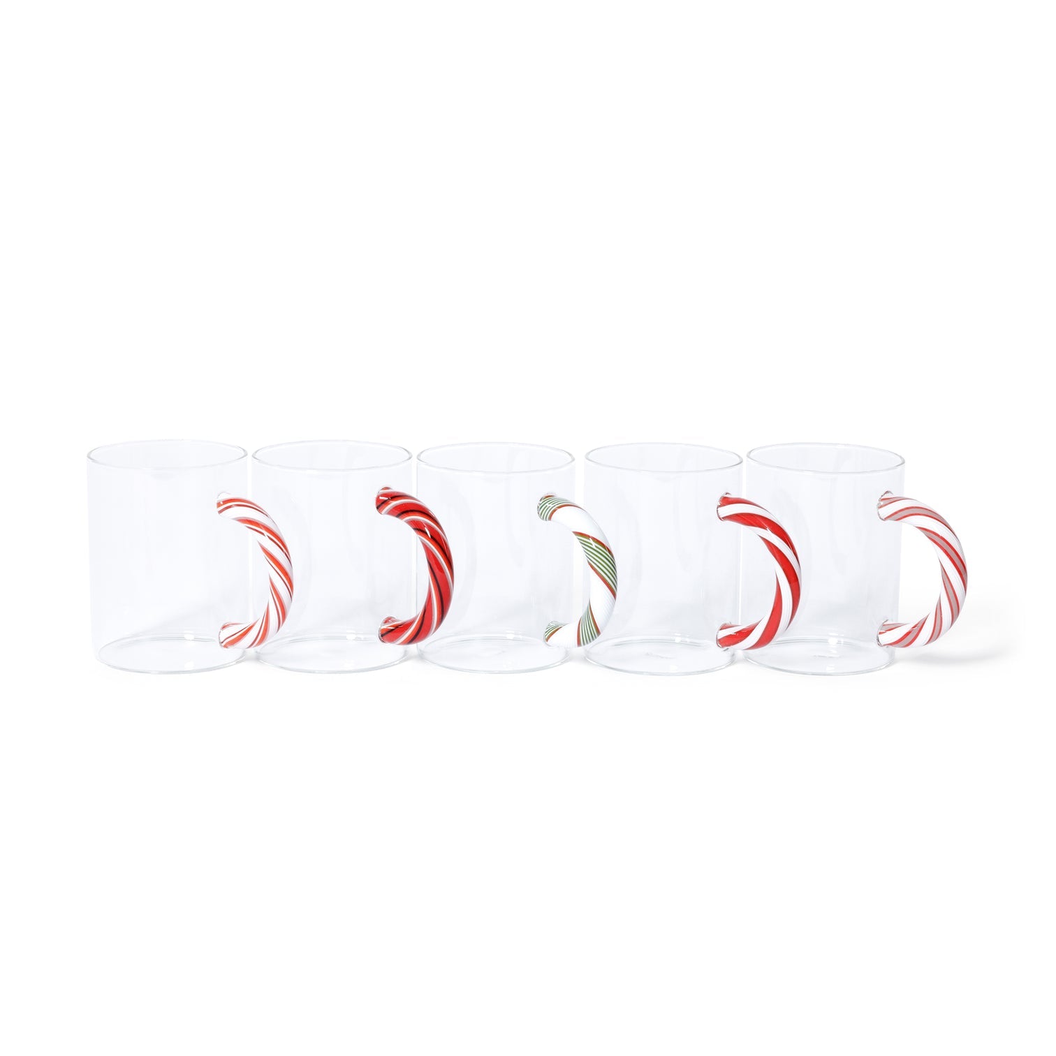 Set of four white mugs with red and green designs on a white background