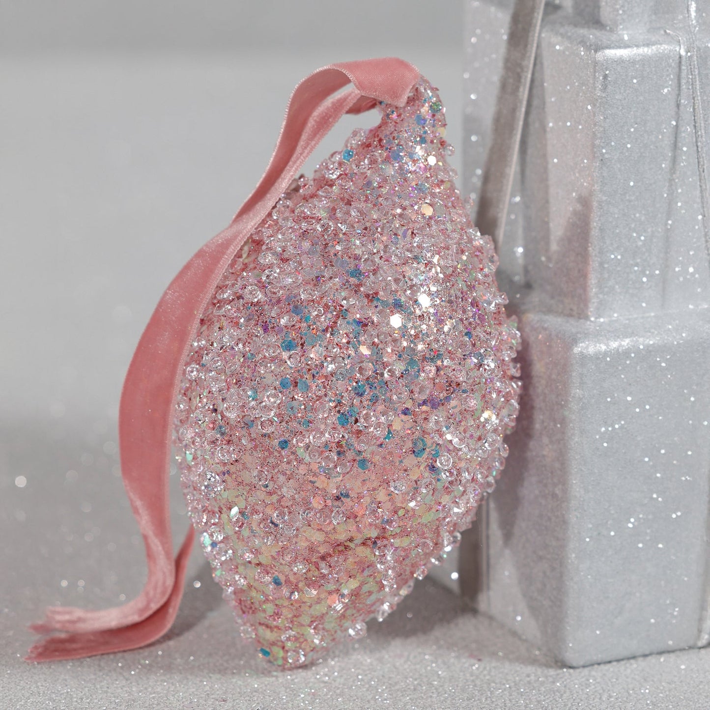 Beaded Teardrop Glass Ornament - Pink - Set of 6