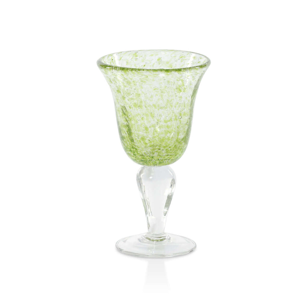 Antibes Wine Glass, Set of 4 in green seeded glass with a clear twisted stem and flat foot, showcasing elegance.