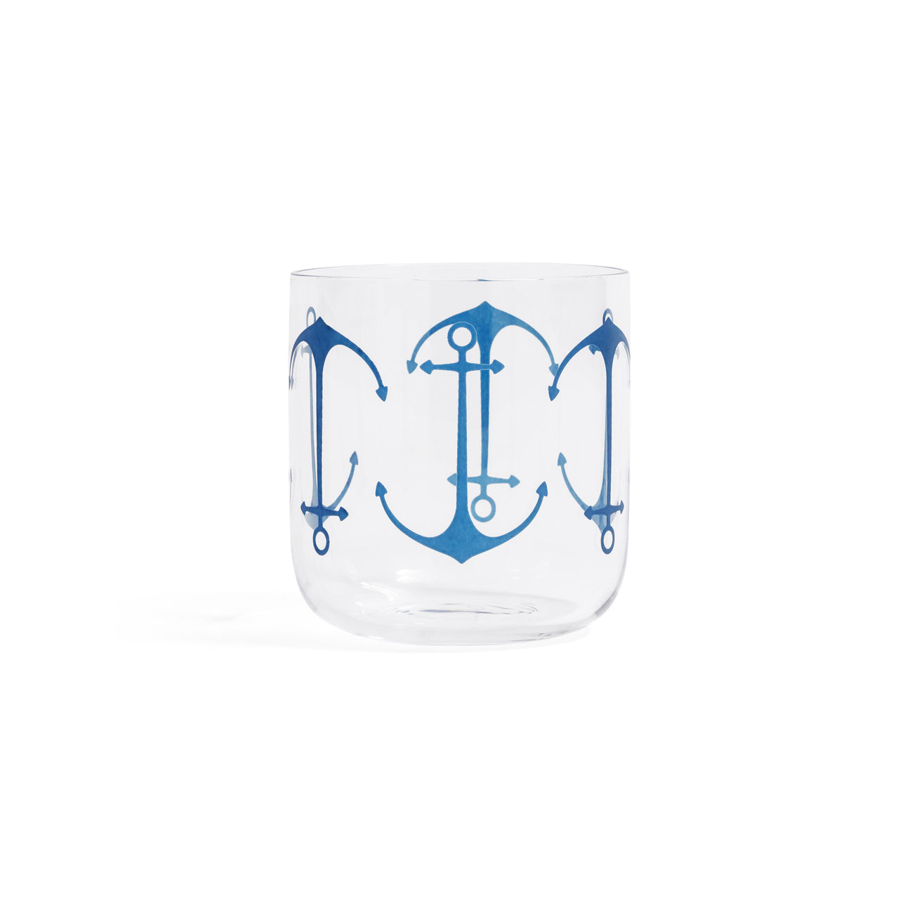Clear glass tumbler with blue anchor design on a white background
