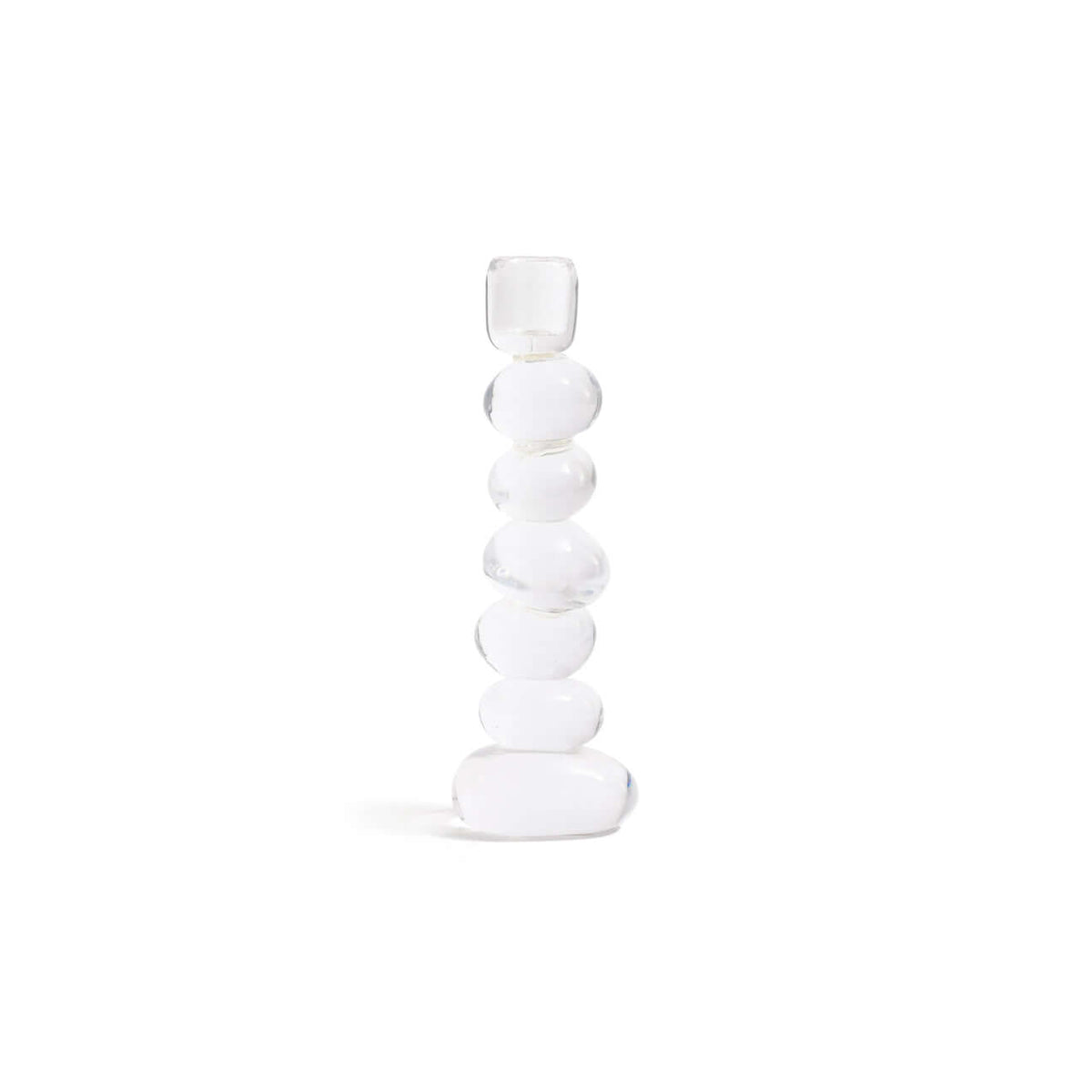 Ice Stone Glass Taper Holder in clear glass featuring stacked organic pebble forms for elegant candlelight decor.