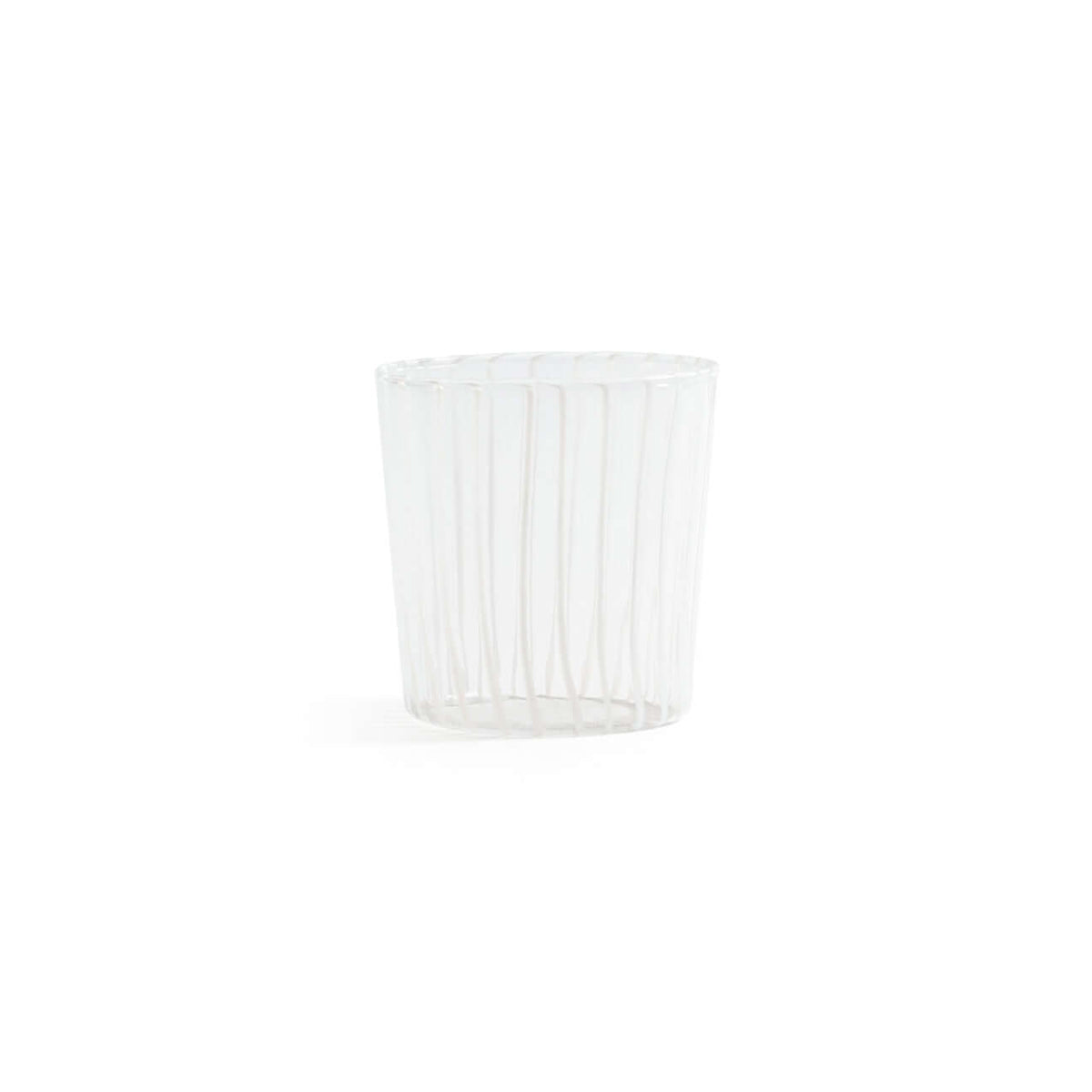 Marina White Stripe Glass Tumbler (Set of 6) with delicate vertical white stripes in a gently flared shape.