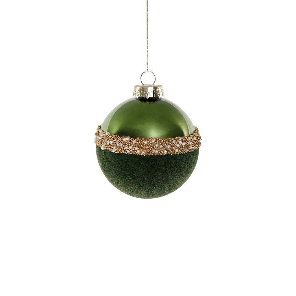 Tonal Shiny Green with Felt and Gold Decoration Glass Ball Ornament
