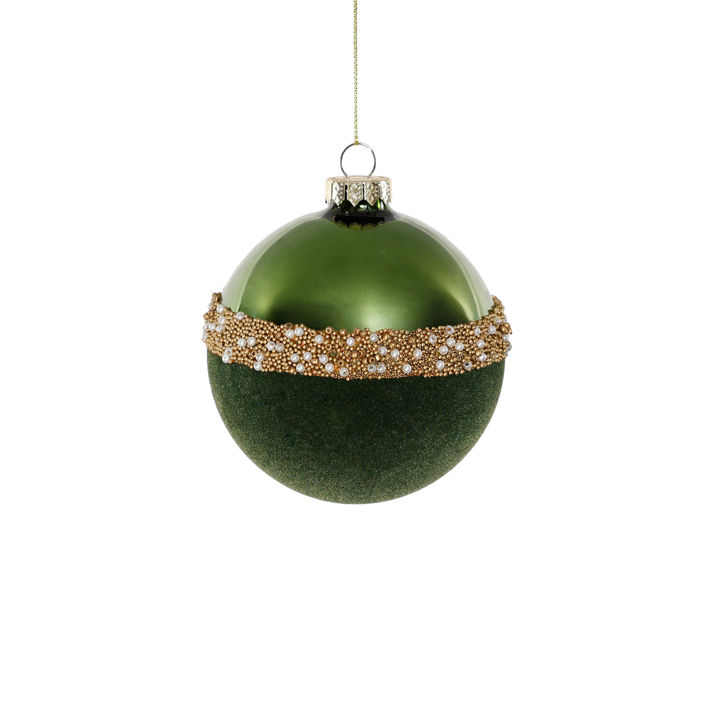 Tonal Shiny Green with Felt and Gold Decoration Glass Ball Ornament