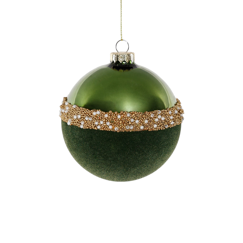 Tonal Shiny Green with Felt and Gold Decoration Glass Ball Ornament