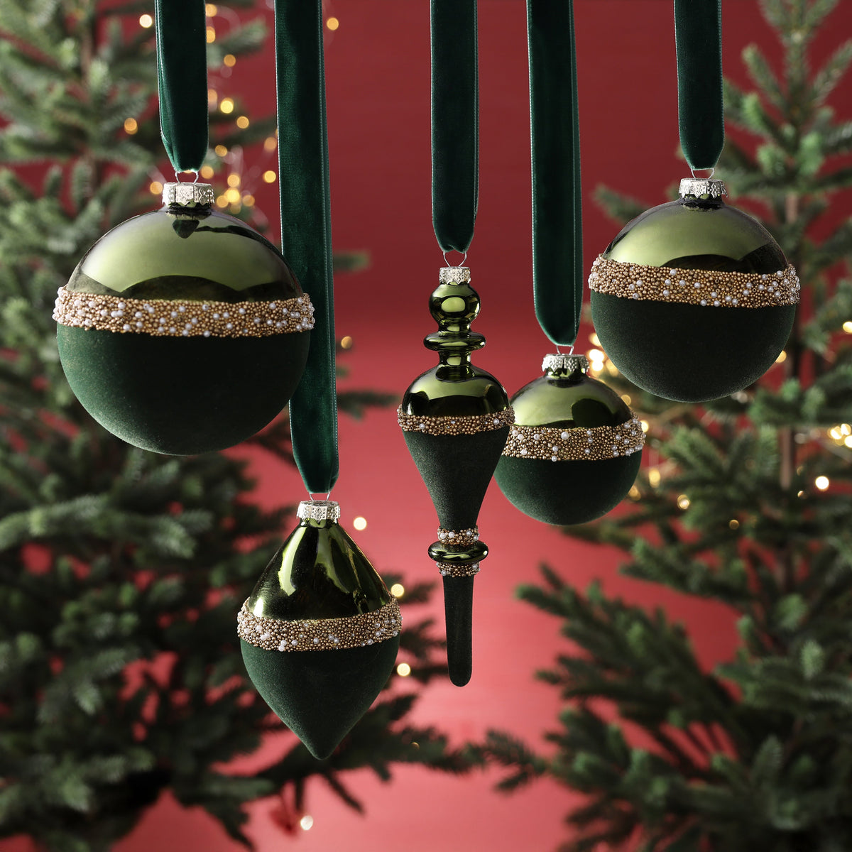 Tonal Shiny Green Felt and Gold Glass Finial Ornament