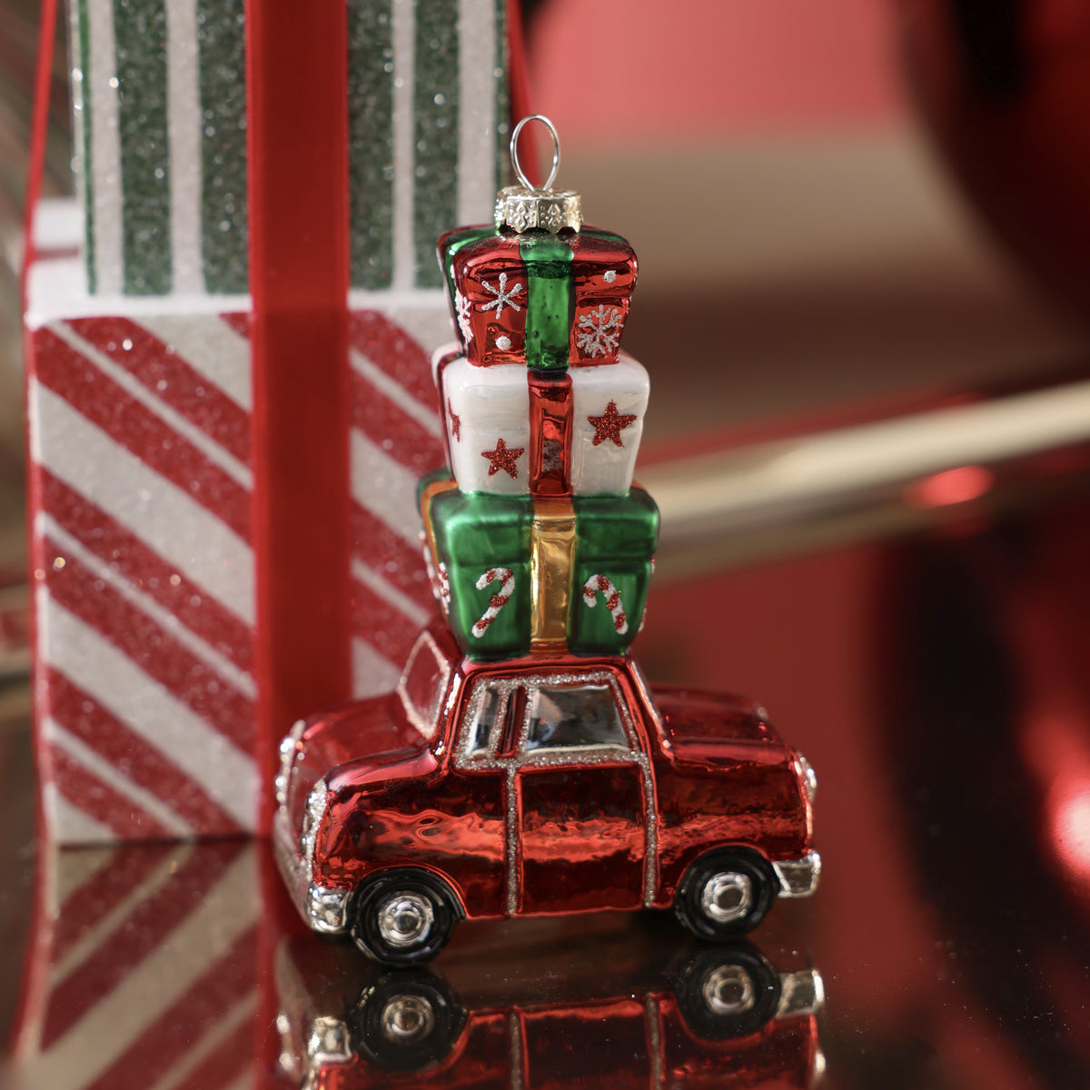 Glass Car Carrying Gifts Glass Ornament - 2 Assorted Pieces