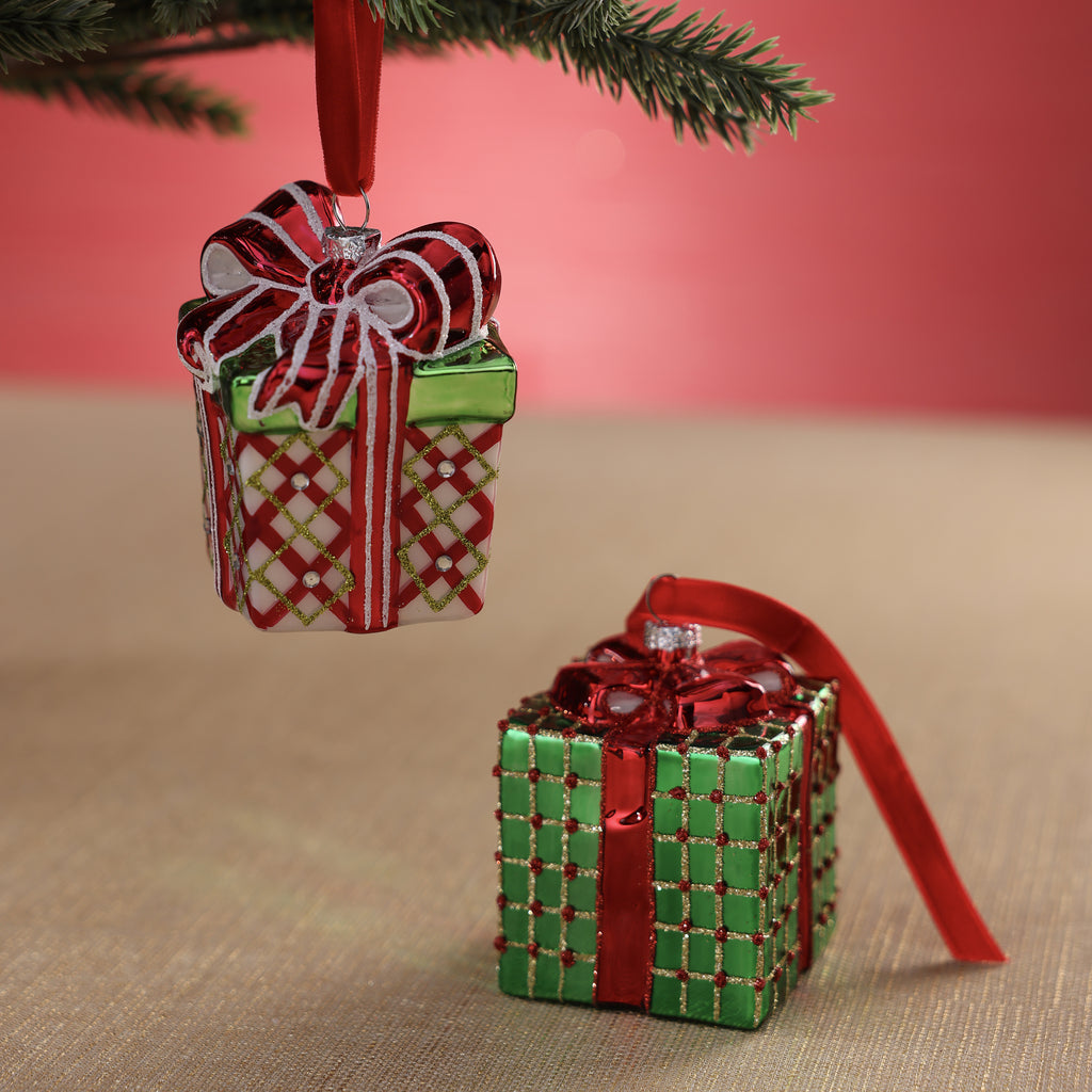 Glass Gift Box Ornament - 2 Assorted Pieces