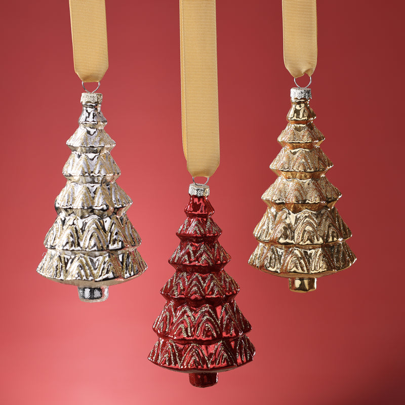 Glass Trees - 3 Assorted Pieces - Red, Silver & Gold