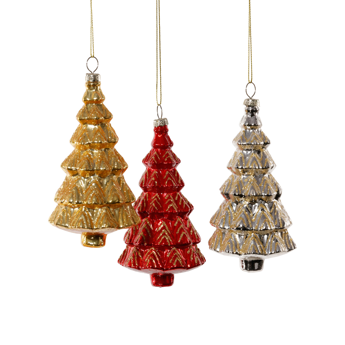 Glass Trees - 3 Assorted Pieces - Red, Silver & Gold