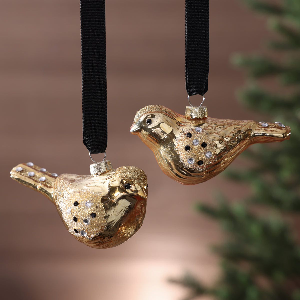 Small Bird Glass Ornament - 2 Assorted Pieces - Gold
