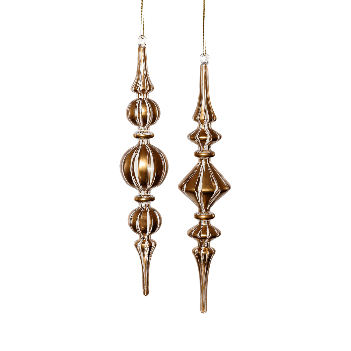 Gold Trimmed Artisan Blown Glass Finial Ornament - 2 Assorted Pieces