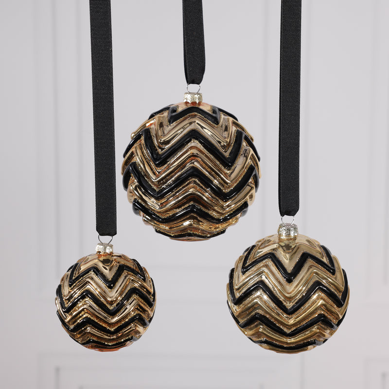Gold & Black Zigzag Design Glass Ball Ornament
