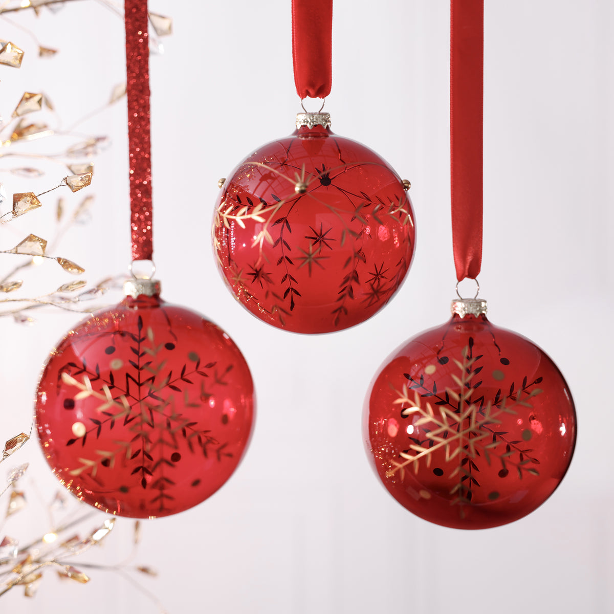 Red and Gold Snowflake Engraved Glass Ball Ornament - 3 Assorted Designs - 4.75 in