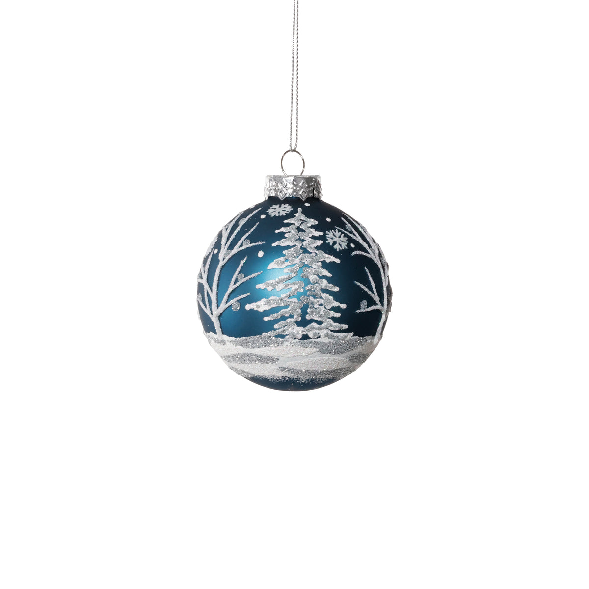 Glass Ball Ornament with White Tree Design