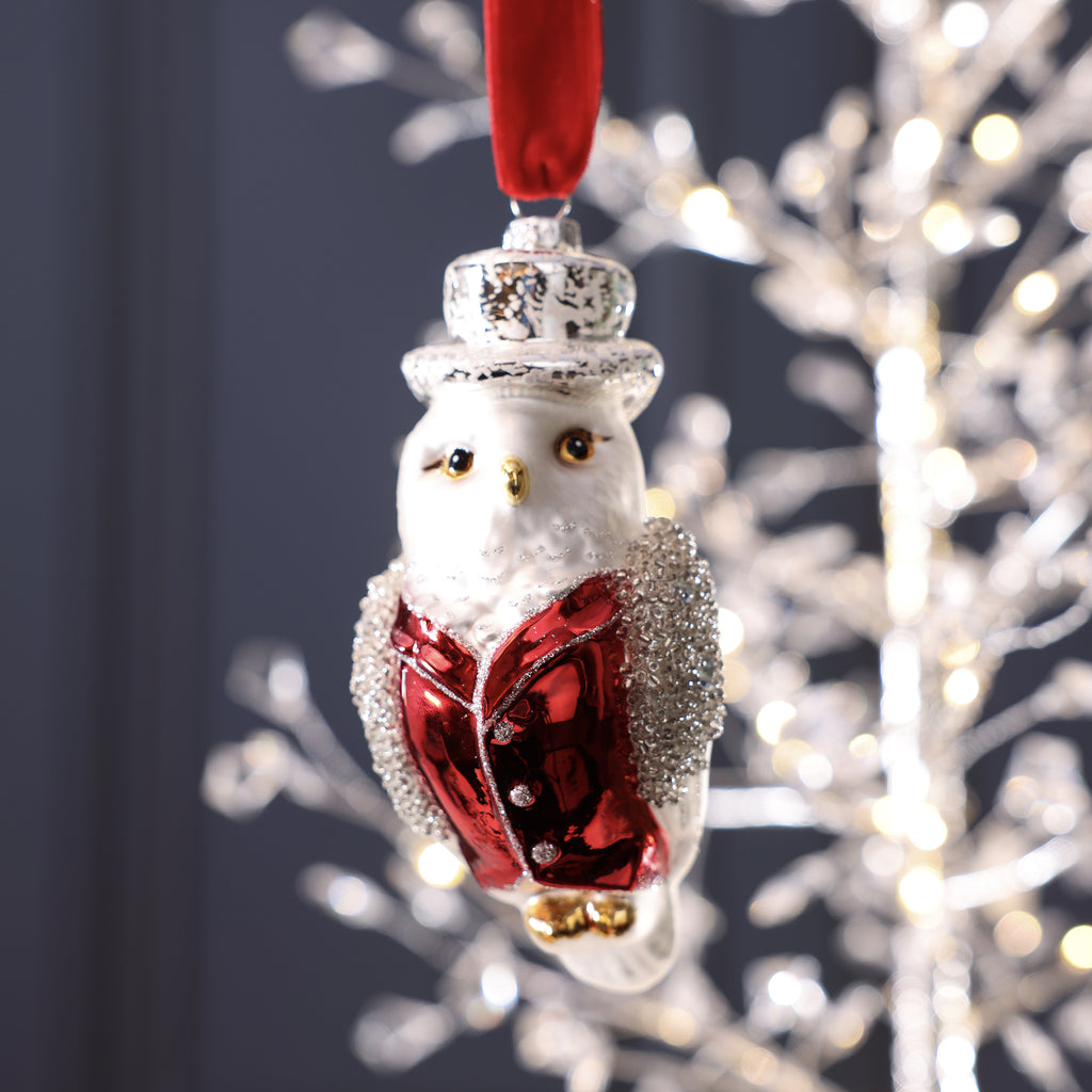 Owl with Top Hat Glass Ornament