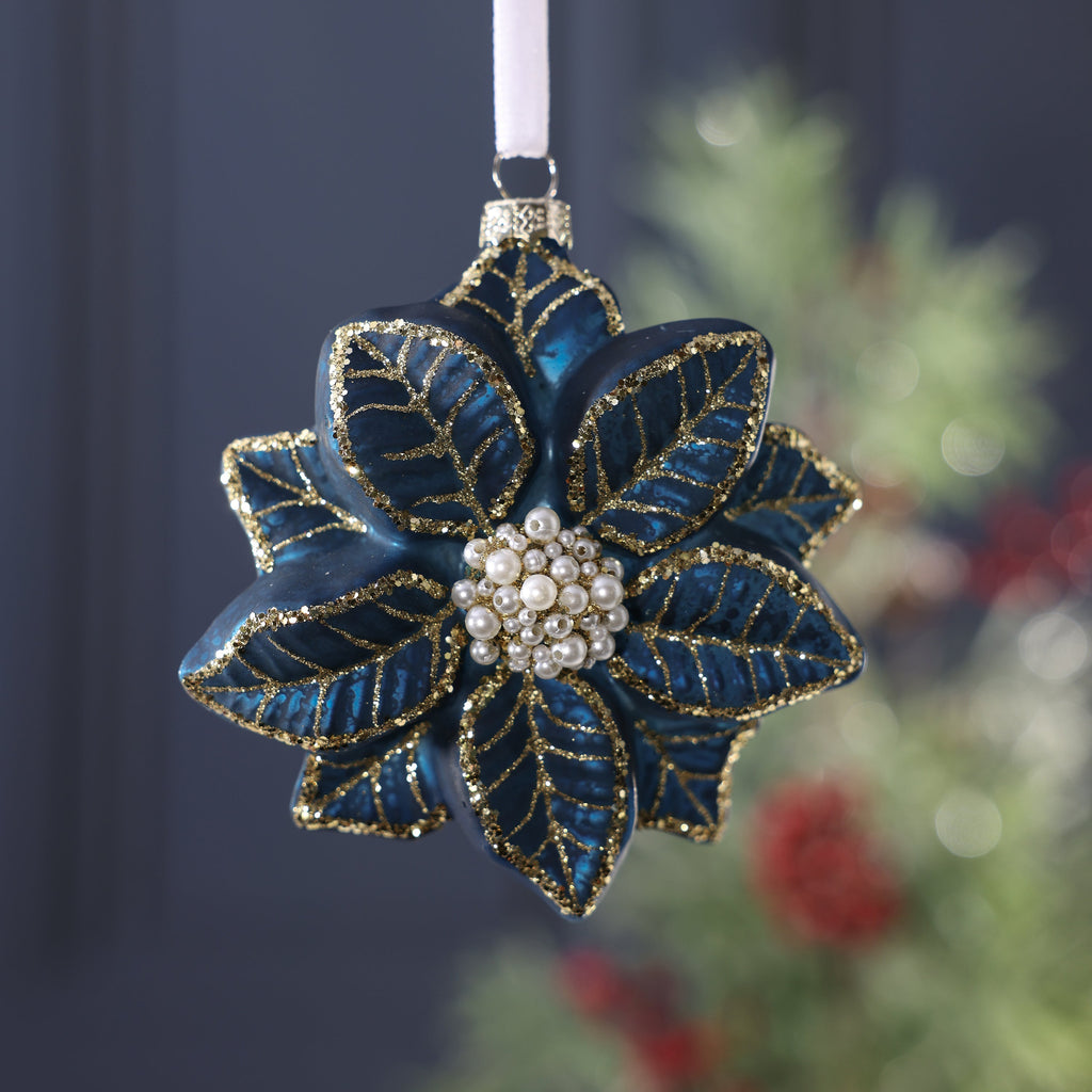 Poinsettia Glass Ornament - Blue