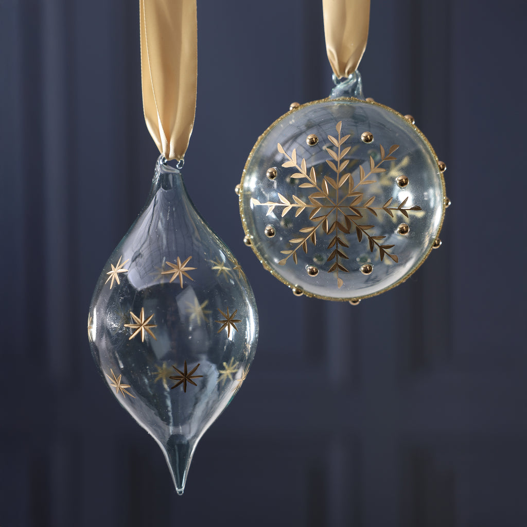 Blue Blown Glass Ornament with Gold Etched Snowflake Design - 2 Assorted Pieces