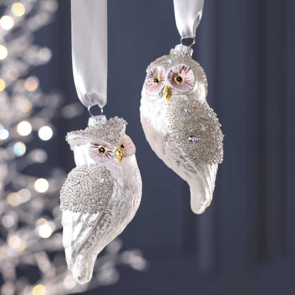 Silver Owl Glass Ornament - 2 Assorted Pieces