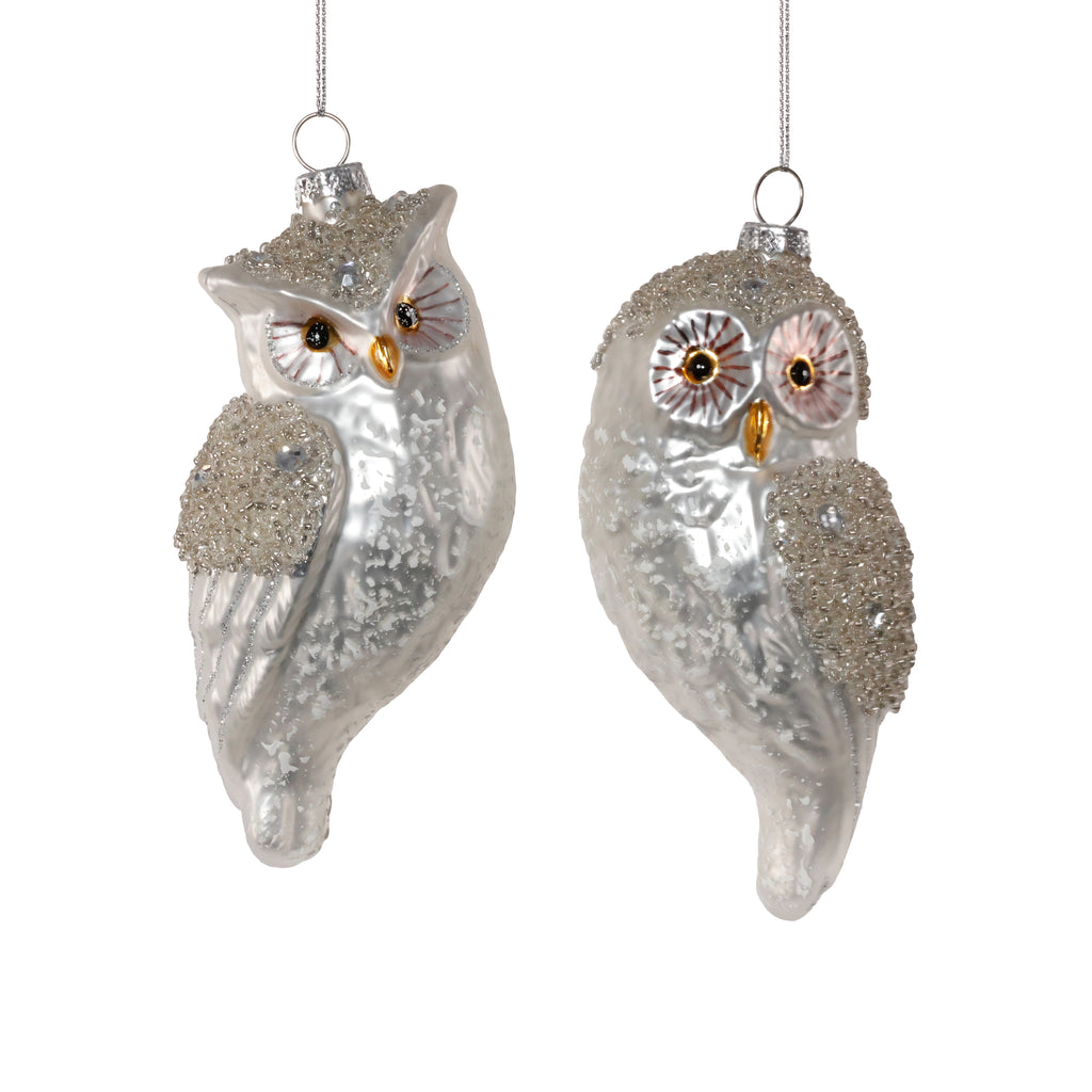 Silver Owl Glass Ornament - 2 Assorted Pieces
