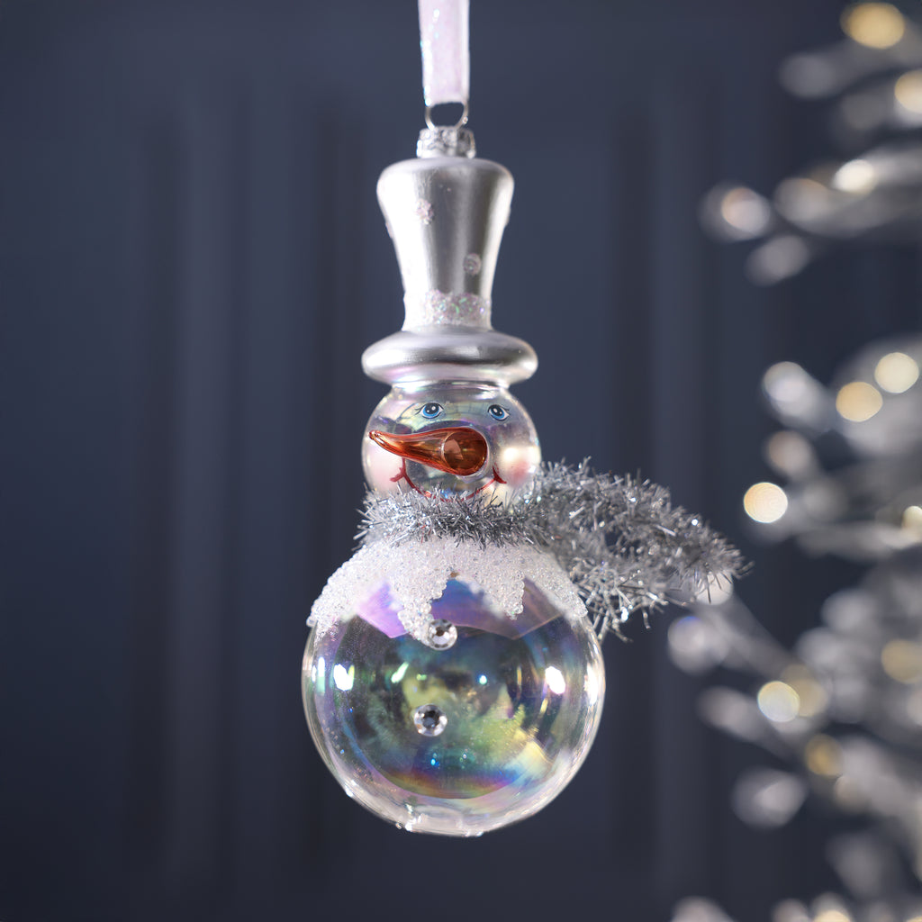 Snowman Wearing a Hat Luster Glass Ornament