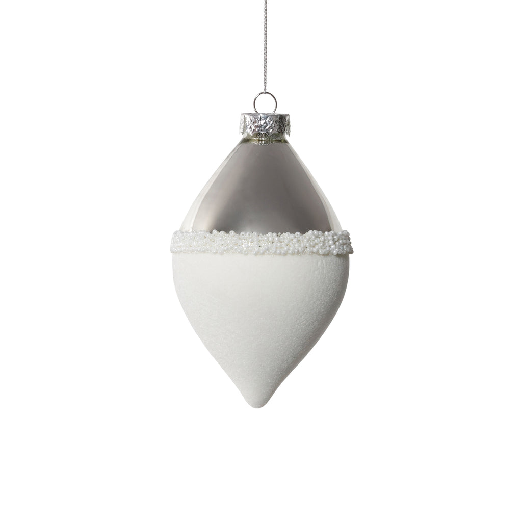 Silver and White Glass Ornament, Teardrop