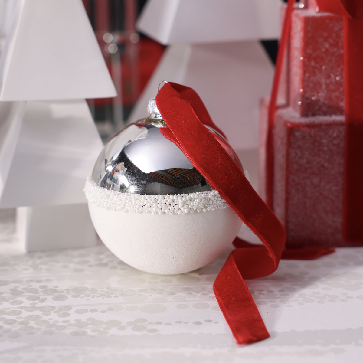 Silver and White Ball Glass Ornament