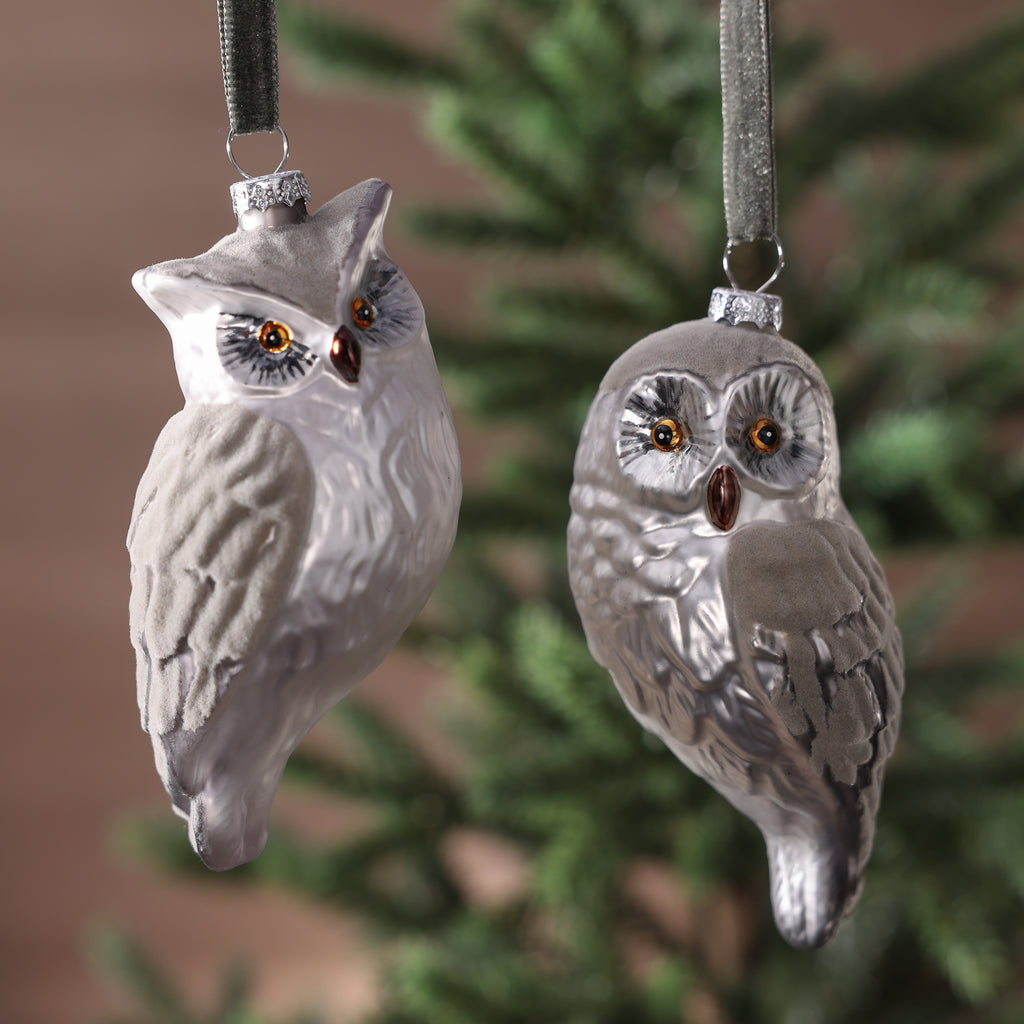 Silver and Gray Owl Glass Ornament - 2 Assorted Pieces