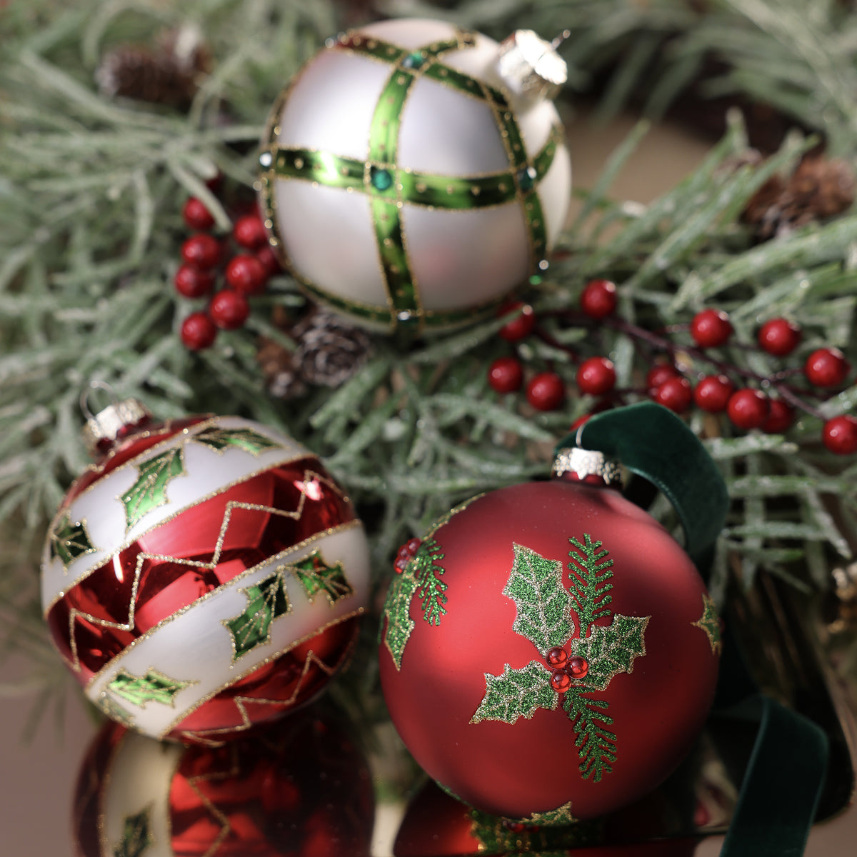 Holiday Glass Ornament - 3 Assorted Designs - Red, Green & Pearl - 4 in