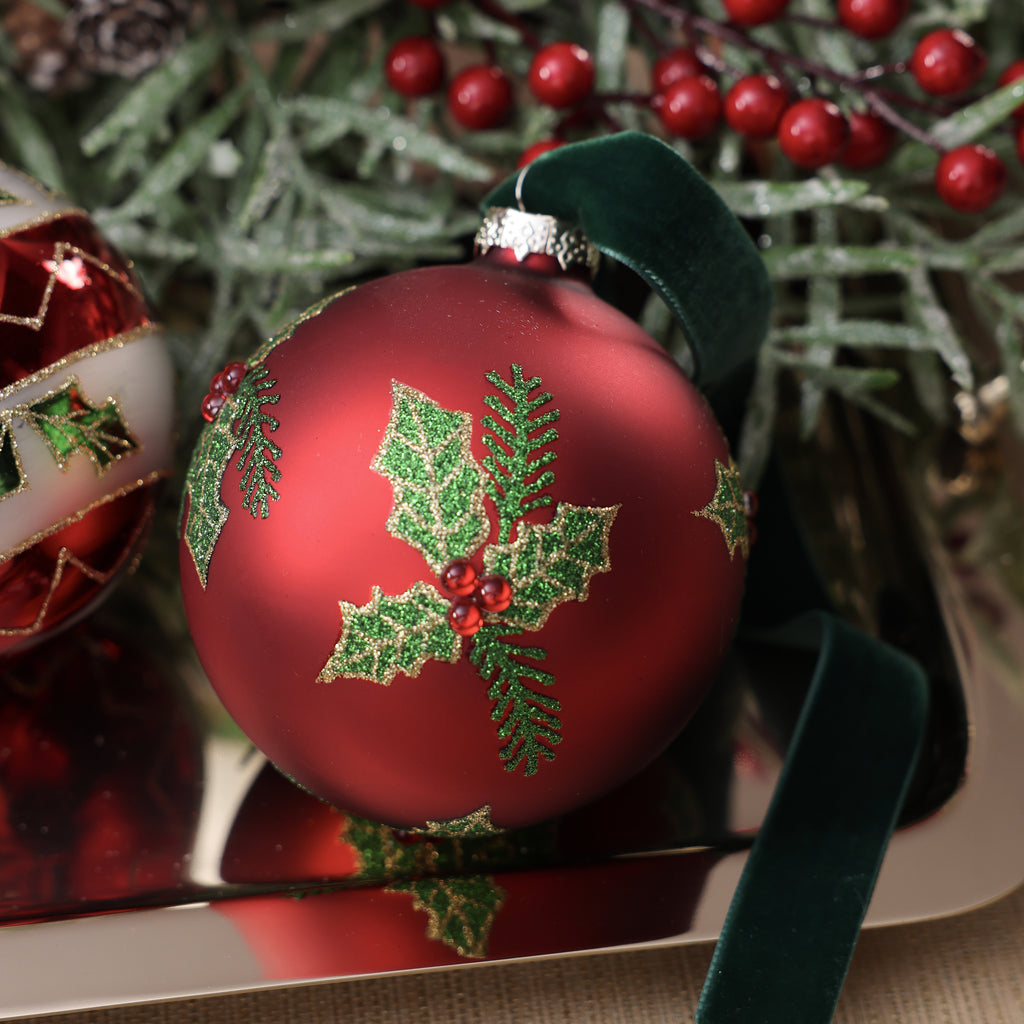 Holiday Glass Ornament - 3 Assorted Designs - Red, Green & Pearl - 4 in