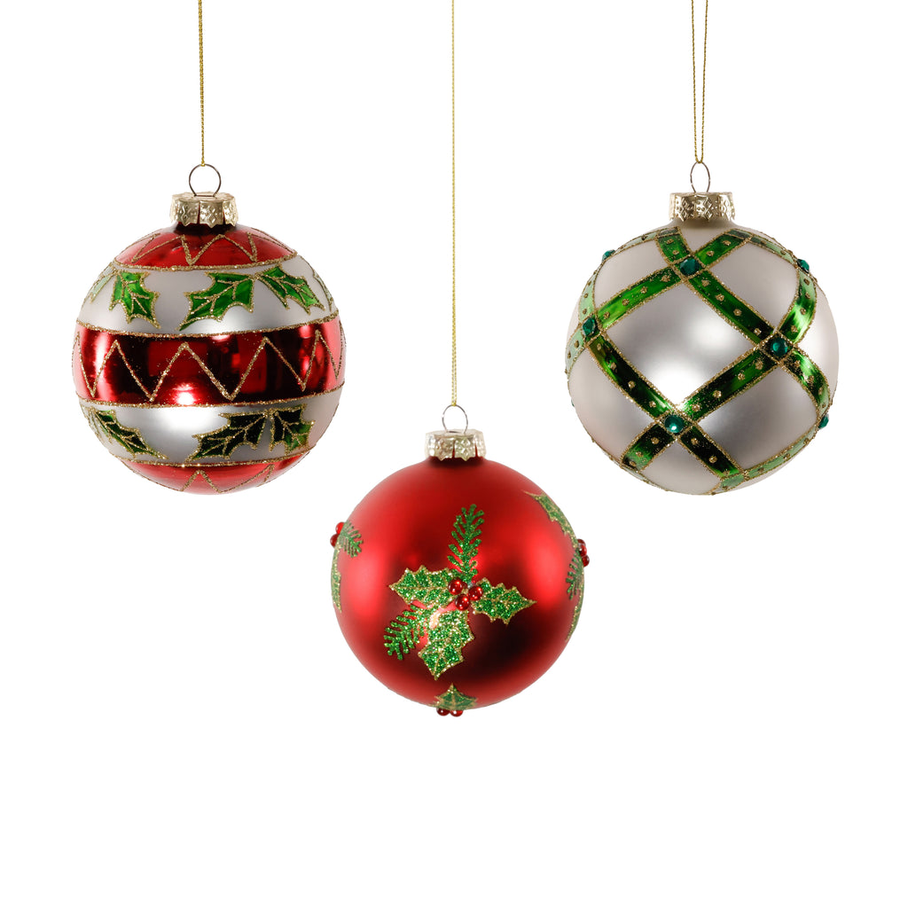 Holiday Glass Ornament - 3 Assorted Designs - Red, Green & Pearl - 4 in