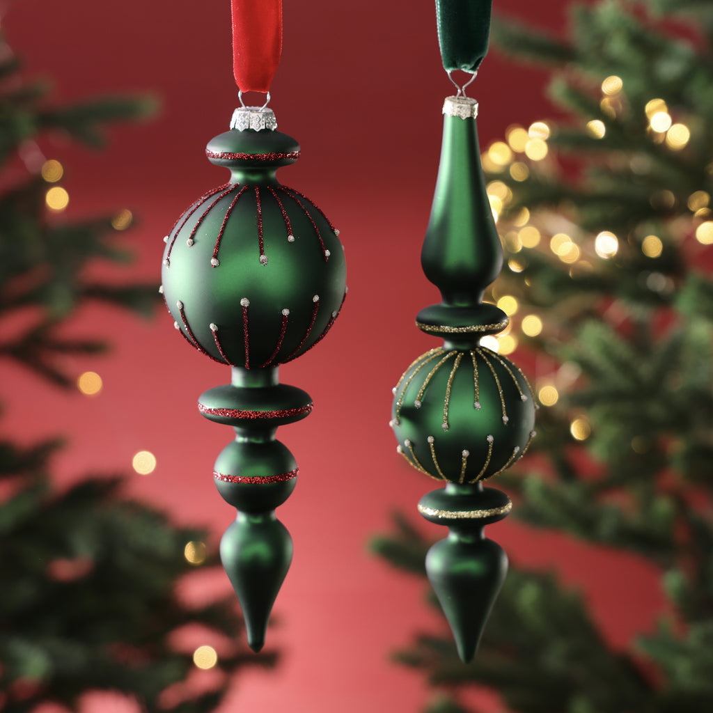 Holiday Glass Finial Ornament - 2 Assorted Designs - Green