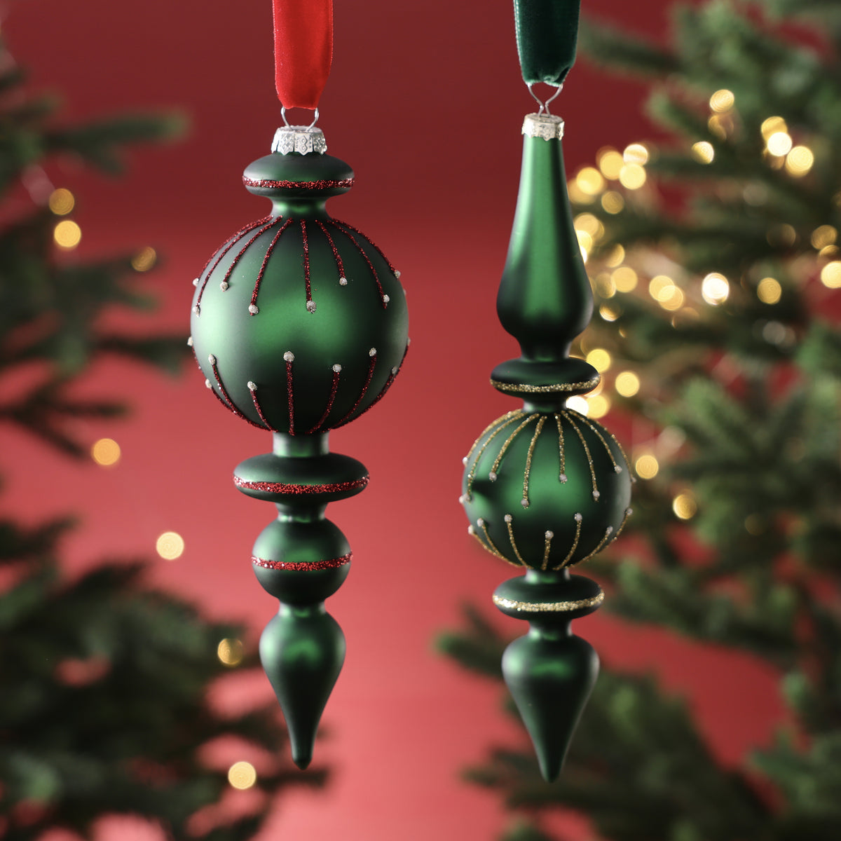 Holiday Glass Finial Ornament - 2 Assorted Designs - Green