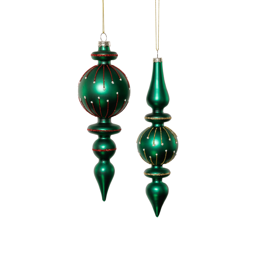 Holiday Glass Finial Ornament - 2 Assorted Designs - Green