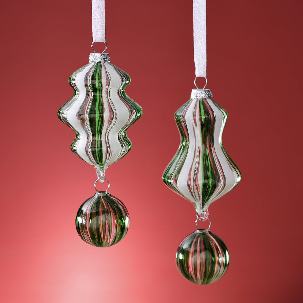 Artisan Blown Glass Ornament - 2 Assorted Designs - Clear Green & White