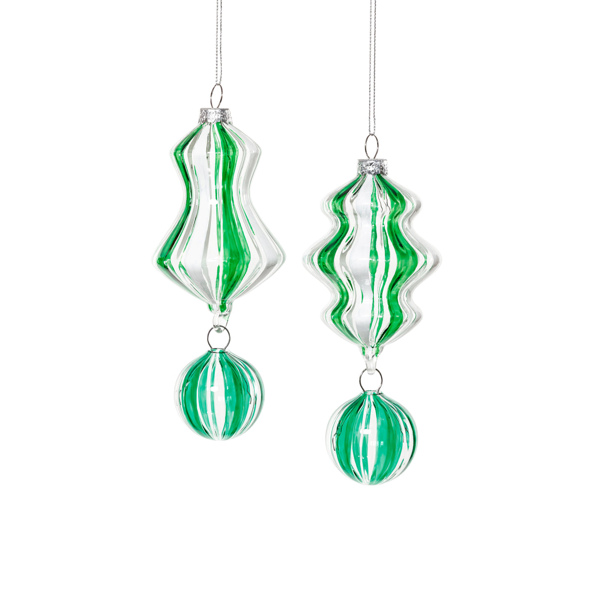 Artisan Blown Glass Ornament - 2 Assorted Designs - Clear Green & White