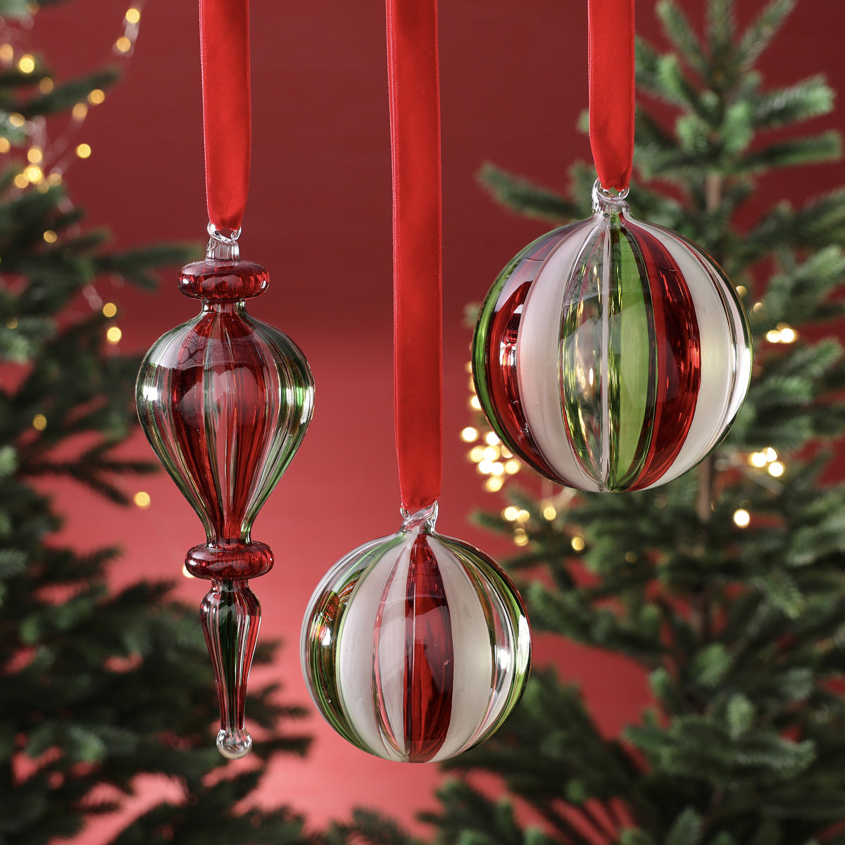Holiday Glass Ball and Finial Ornament - 3 Assorted Pieces - Red, Green & Clear