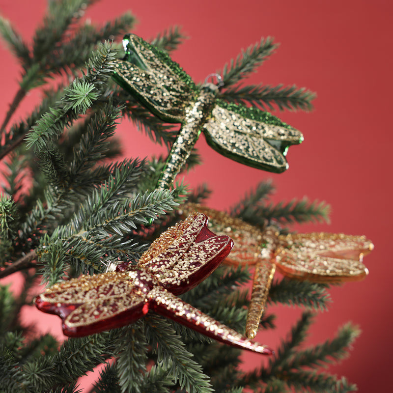 Glass Dragonfly Ornament - 3 Assorted Colors - Green, Red, & Gold