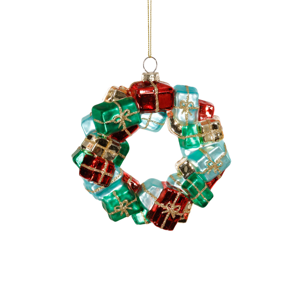 Holiday Gift Box Wreath Glass Ornament