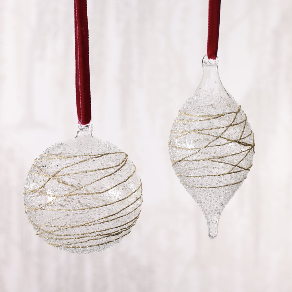Glitter Wrapped Clear Glass Ball Ornament - 2 Assorted Pieces