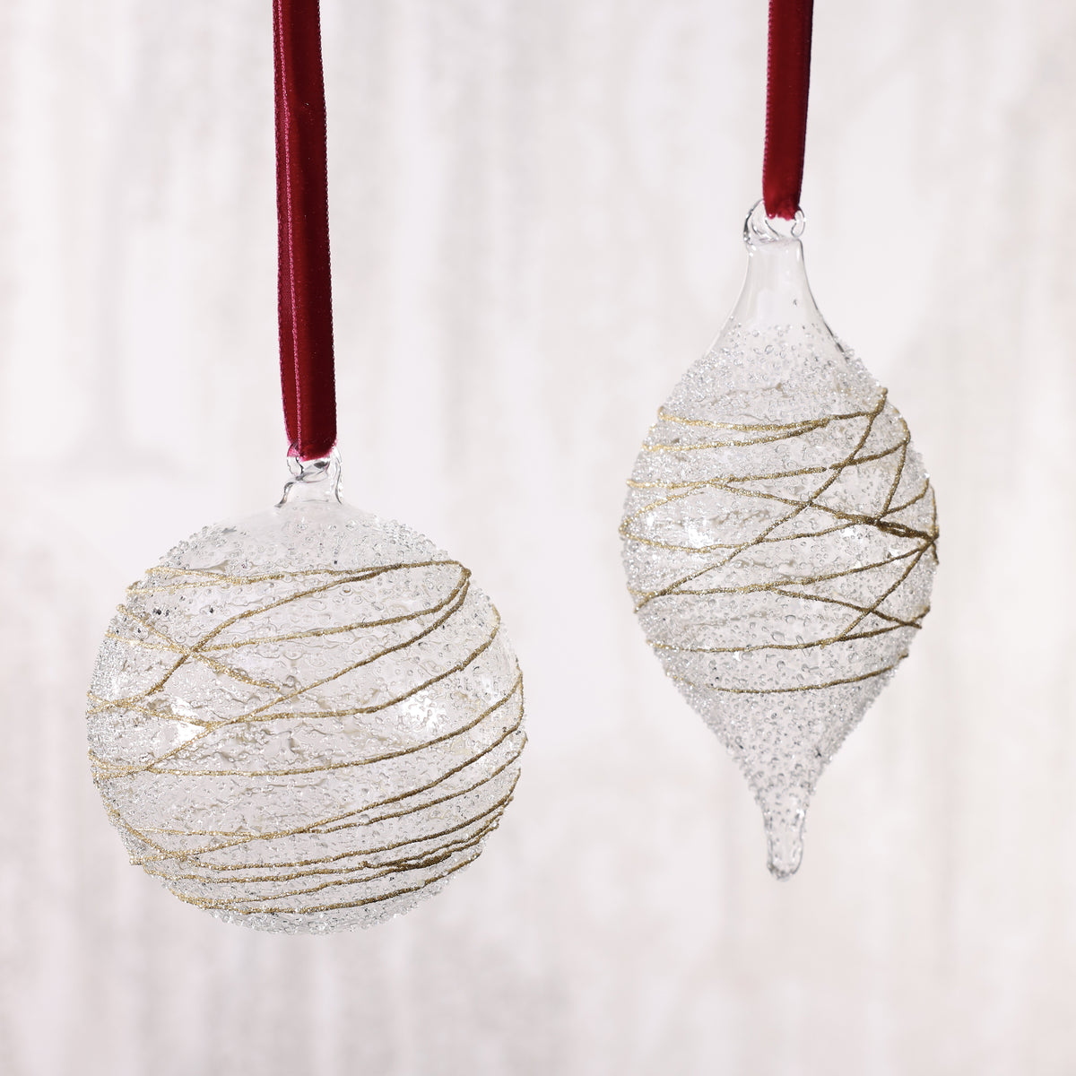 Glitter Wrapped Clear Glass Ball Ornament - 2 Assorted Pieces